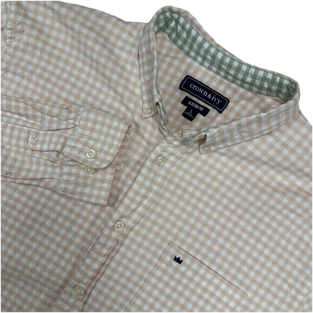 Crown & Ivy Mens Large Peach Gingham Button Down LS Shirt‎ Classic Fit Cotton